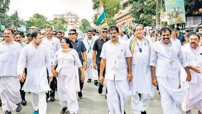 Congress leader Rahul Gandhi during party’s ‘Bharat Jodo Yatra’, in Thiruvananthapuram district on Monday. (PTI) Congress leader Rahul Gandhi during party’s ‘Bharat Jodo Yatra’, in Thiruvananthapuram district on Monday. (PTI)