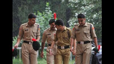 NCC cadets enjoying the rain at Panjab University, Chandigarh, on Monday. (Ravi Kumar/HT)