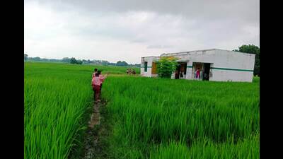 A government primary school in Ahiran-ka-Pura village in Prayagraj’s Meja development block lacking a proper approach road (HT Photo) A government primary school in Ahiran-ka-Pura village in Prayagraj’s Meja development block lacking a proper approach road (HT Photo)