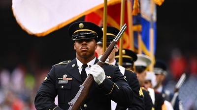Service members march in a 9/11 tribute before the game between the Philadelphia Phillies and Washington Nationals at Citizens Bank Park. (Kyle Ross/ USA TODAY Sports)