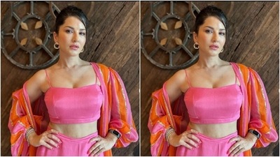 Sunny played muse to fashion designer house Ease and picked a silk ensemble for the promotions on Monday. (Instagram/@sunnyleone)