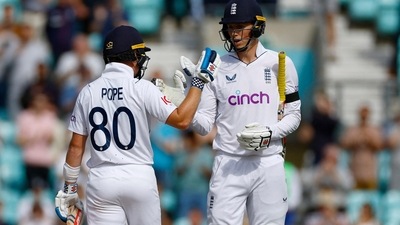 England's Ollie Pope and Zak Crawley celebrate winning the match and series (Action Images via Reuters)