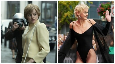 Emma Corrin on The Crown (left) and at the My Policeman premiere (right). Emma Corrin on The Crown (left) and at the My Policeman premiere (right).