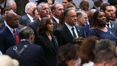 NYC Mayor Eric Adams, Vice President Kamala Harris, Second Gentleman Doug Emhoff, and NY Attorney General Latisha James attend the annual 9/11 Commemoration Ceremony at the National 9/11 Memorial and Museum. (AFP) NYC Mayor Eric Adams, Vice President Kamala Harris, Second Gentleman Doug Emhoff, and NY Attorney General Latisha James attend the annual 9/11 Commemoration Ceremony at the National 9/11 Memorial and Museum. (AFP)