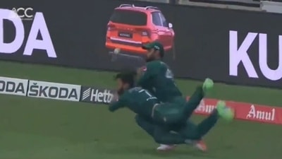 The tweet captures the hit and miss of players - Asif Ali and Shadab Khan - as they bump into each other to drop a sitter. The tweet captures the hit and miss of players - Asif Ali and Shadab Khan - as they bump into each other to drop a sitter.