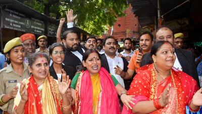 Gyanvapi case: Plaintiffs with lawyers celebrate after the Varanasi district court's verdict in the Gyanvapi-Shringar Gauri case on Monday. (PTI) Gyanvapi case: Plaintiffs with lawyers celebrate after the Varanasi district court's verdict in the Gyanvapi-Shringar Gauri case on Monday. (PTI)