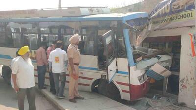 At least 12 persons were injured after a private bus rammed into a roadside shop, belonging to a driving instructor, in Banga town on Monday afternoon. (HT Photi)