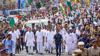 Congress leaders Rahul Gandhi, KC Venugopal, and Shashi Tharoor during the Bharat Jodo Yatra in Thiruvananthapuram. (PTI) Congress leaders Rahul Gandhi, KC Venugopal, and Shashi Tharoor during the Bharat Jodo Yatra in Thiruvananthapuram. (PTI)