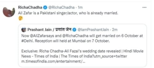 Richa Chadha's tweet.
