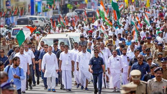 Congress leader Rahul Gandhi during the Bharat Jodo Yatra, in Thiruvananthapuram. (PTI)