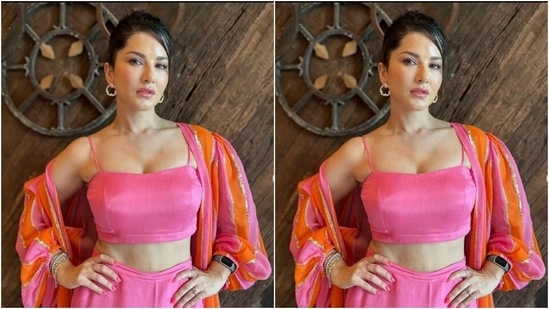 Sunny played muse to fashion designer house Ease and picked a silk ensemble for the promotions on Monday.(Instagram/@sunnyleone)