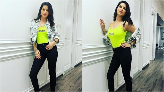 Sunny Leone makes Surat drool in neon top, printed cropped jacket(Instagram/@sunnyleone)