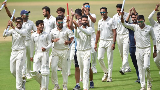 Madhya Pradesh's players celebrate after winning the previous edition of the Ranji Trophy(PTI)