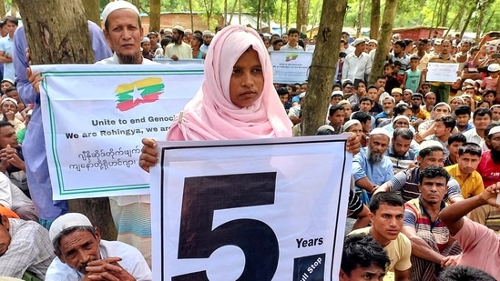 FILE PHOTO: Rohingya refugees hold placards as they gather at the Kutupalong Refugee Camp to mark the fifth anniversary of their fleeing from neighbouring Myanmar to escape a military crackdown in 2017, in Cox's Bazar, Bangladesh,&nbsp;(REUTERS)