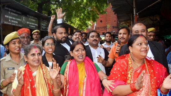 Gyanvapi case: Plaintiffs with lawyers celebrate after the Varanasi district court's verdict in the Gyanvapi-Shringar Gauri case on Monday. (PTI)