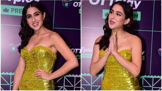 Sara Ali Khan greeted the paparazzi with her million-dollar smile and joined hands at the OTTplay Awards 2022.(HT Photo/Varinder Chawla)
