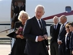 King Charles III and the Queen Consort arrive at Belfast City Airport.