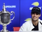 Carlos Alcaraz of Spain during a news conference after defeating Casper Ruud in the US Open final.