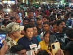 Nabanna Cholo: BJP workers gathered at a train station.&nbsp;