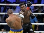Anthony Joshua launches a blow at Oleksandr Usyk during their world heavyweight title fight(AP) Anthony Joshua launches a blow at Oleksandr Usyk during their world heavyweight title fight(AP)