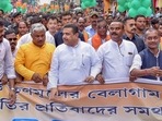Suvendu Adhikari with BJP leaders participates in a protest march against the state government, in Alipurduar district, Friday, Sept. 9, 2022.(PTI) Suvendu Adhikari with BJP leaders participates in a protest march against the state government, in Alipurduar district, Friday, Sept. 9, 2022.(PTI)
