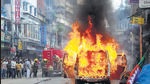 A police vehicle set on fire by some miscreants near Nakhoda Mosque in Kolkata (PTI) A police vehicle set on fire by some miscreants near Nakhoda Mosque in Kolkata (PTI)