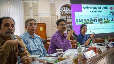 New Delhi, India - Sept. 12, 2022: Yogesh Singh, Vice Chancellor of Delhi University addresses a press conference over the admissions process and launch of “Allocation-cum-Admission Policies” under its Common Seat Allocation System (CUET) 2022 at the VC Office, Delhi University in New Delhi, India, on Monday, September 12, 2022. (Photo by Sanchit Khanna/ Hindustan Times) (Hindustan Times) New Delhi, India - Sept. 12, 2022: Yogesh Singh, Vice Chancellor of Delhi University addresses a press conference over the admissions process and launch of “Allocation-cum-Admission Policies” under its Common Seat Allocation System (CUET) 2022 at the VC Office, Delhi University in New Delhi, India, on Monday, September 12, 2022. (Photo by Sanchit Khanna/ Hindustan Times) (Hindustan Times)