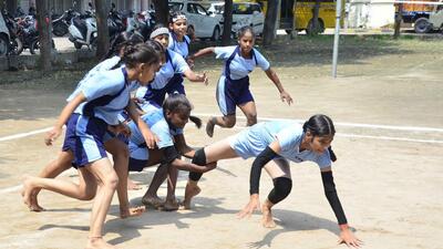 Players in action during a kabaddi match at district-level games being held under Kheda Watan Punjab Diyan at Guru Nanak Stadium in Ludhiana. (Harvinder Singh/HT)