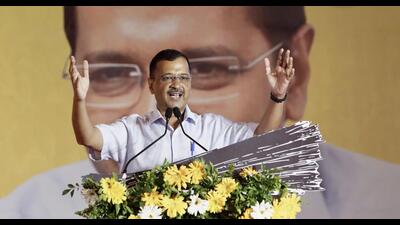 Delhi chief minister Arvind Kejriwal addressing a gathering in Ahmedabad. (PTI)