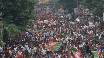 The BJP protest in Kolkata on Tuesday. (Samir Jana/HT photo) The BJP protest in Kolkata on Tuesday. (Samir Jana/HT photo)