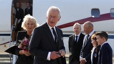 King Charles III and the Queen Consort arrive at Belfast City Airport. (Reuters)