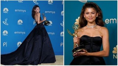 Zendaya, who repeated as best actress in a drama for raw teen series Euphoria, went for basic black. She wore a strapless Valentino gown with a floor sweeping trail featuring pockets. For accessories, she opted for diamonds, a black headband and her trophy. (AFP) Zendaya, who repeated as best actress in a drama for raw teen series Euphoria, went for basic black. She wore a strapless Valentino gown with a floor sweeping trail featuring pockets. For accessories, she opted for diamonds, a black headband and her trophy. (AFP)