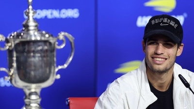 Carlos Alcaraz of Spain during a news conference after defeating Casper Ruud in the US Open final. (AFP)