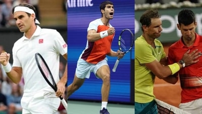 Roger Federer; Carlos Alcaraz; Rafael Nadal with Novak Djokovic Roger Federer; Carlos Alcaraz; Rafael Nadal with Novak Djokovic