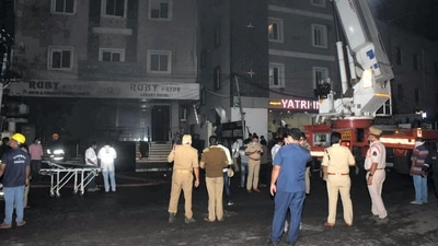 Secundrabad: Rescue operation underway after a fire broke out in an electric bike showroom in Secundrabad, Monday. (PTI) Secundrabad: Rescue operation underway after a fire broke out in an electric bike showroom in Secundrabad, Monday. (PTI)