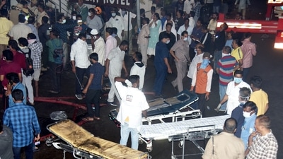 Secundrabad: Rescue operation underway after a fire broke out in an electric bike showroom in Secundrabad, Monday night, .&nbsp; (PTI)
