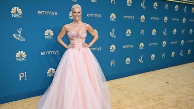 Hannah Waddingham wore Dolce & Gabbana with bedazzled high top sneakers on her feet while Elle Fanning went Old Hollywood in a gown designed by Sharon Long of her show "The Great", as glamour returned to the Emmys in sticky Los Angeles humidity. (AFP) Hannah Waddingham wore Dolce & Gabbana with bedazzled high top sneakers on her feet while Elle Fanning went Old Hollywood in a gown designed by Sharon Long of her show "The Great", as glamour returned to the Emmys in sticky Los Angeles humidity. (AFP)