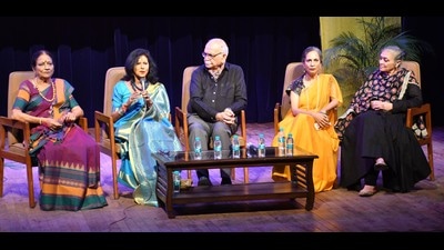 From left: Kathak exponents par excellence Shobha Koser and Shovana Narayan, historian Dr BN Goswami, co-author Geetika Kalha and thespian Neelam Mansingh Chowdhry during the panel discussion on the book Kathak Lok: Temple, Tradition and History (inset) at Punjab Kala Bhawan on Tuesday. (Photo: Keshav Singh/HT) From left: Kathak exponents par excellence Shobha Koser and Shovana Narayan, historian Dr BN Goswami, co-author Geetika Kalha and thespian Neelam Mansingh Chowdhry during the panel discussion on the book Kathak Lok: Temple, Tradition and History (inset) at Punjab Kala Bhawan on Tuesday. (Photo: Keshav Singh/HT)