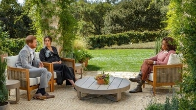 Prince Harry and Meghan, The Duchess of Sussex, in conversation with Oprah Winfrey in 2019. (AP)