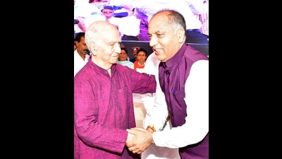 Chief minister Jai Ram Thakur and former chief minister Shanta Kumar during an event in Palampur in Kangra district on Tuesday. (HT Photo) Chief minister Jai Ram Thakur and former chief minister Shanta Kumar during an event in Palampur in Kangra district on Tuesday. (HT Photo)