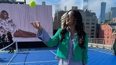 Harnaaz Sandhu starts her day with 'the iconic Serena Williams' and a colour-block boss babe look (Instagram) Harnaaz Sandhu starts her day with 'the iconic Serena Williams' and a colour-block boss babe look (Instagram)