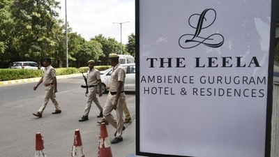 The call was received at Leela Hotel in the Ambiance Mall complex around 11:35 am. (Vipin Kumar/ HT)