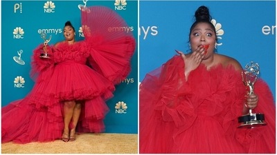 Lizzo wins big at the Emmy Awards 2022 in a jaw-dropping red-hot gown with a long train (Reuters, AP) Lizzo wins big at the Emmy Awards 2022 in a jaw-dropping red-hot gown with a long train (Reuters, AP)