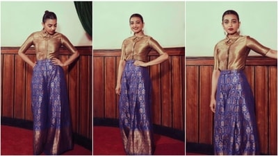 Radhika Apte earlier stepped out in a handwoven brocade set which comprises a bronze metallic shirt and a blue skirt. (Instagram/@elevate_promotions)