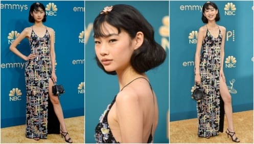 Jung Ho-yeon poses on the Emmy Awards 2022 red carpet. (AP) Jung Ho-yeon poses on the Emmy Awards 2022 red carpet. (AP)