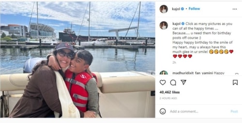 Kajol posted a photo in which she hugged Yug as they smiled and posed on a boat.