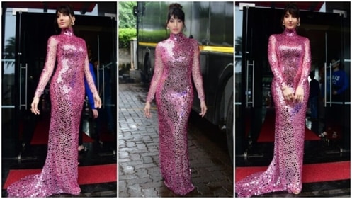 Nora Fatehi slips into a pink bodycon gown for Jhalak Dikhhla Jaa 10. (HT Photo/Varinder Chawla) Nora Fatehi slips into a pink bodycon gown for Jhalak Dikhhla Jaa 10. (HT Photo/Varinder Chawla)