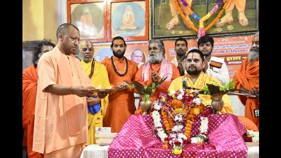 Chief minister Yogi Adityanath offering prayers at the Gorakhnath temple in Gorakhpur on Tuesday. (Sourced)
