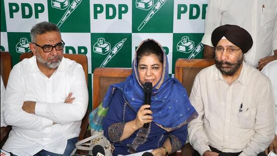 Mehbooba Mufti addressing a press conference in Jammu. (PTI)