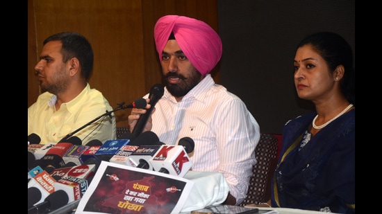 Punjab youth congress president Brinder Singh Dhillon during a press conference in Shimla on Tuesday. (Deepak Sansta/HT)